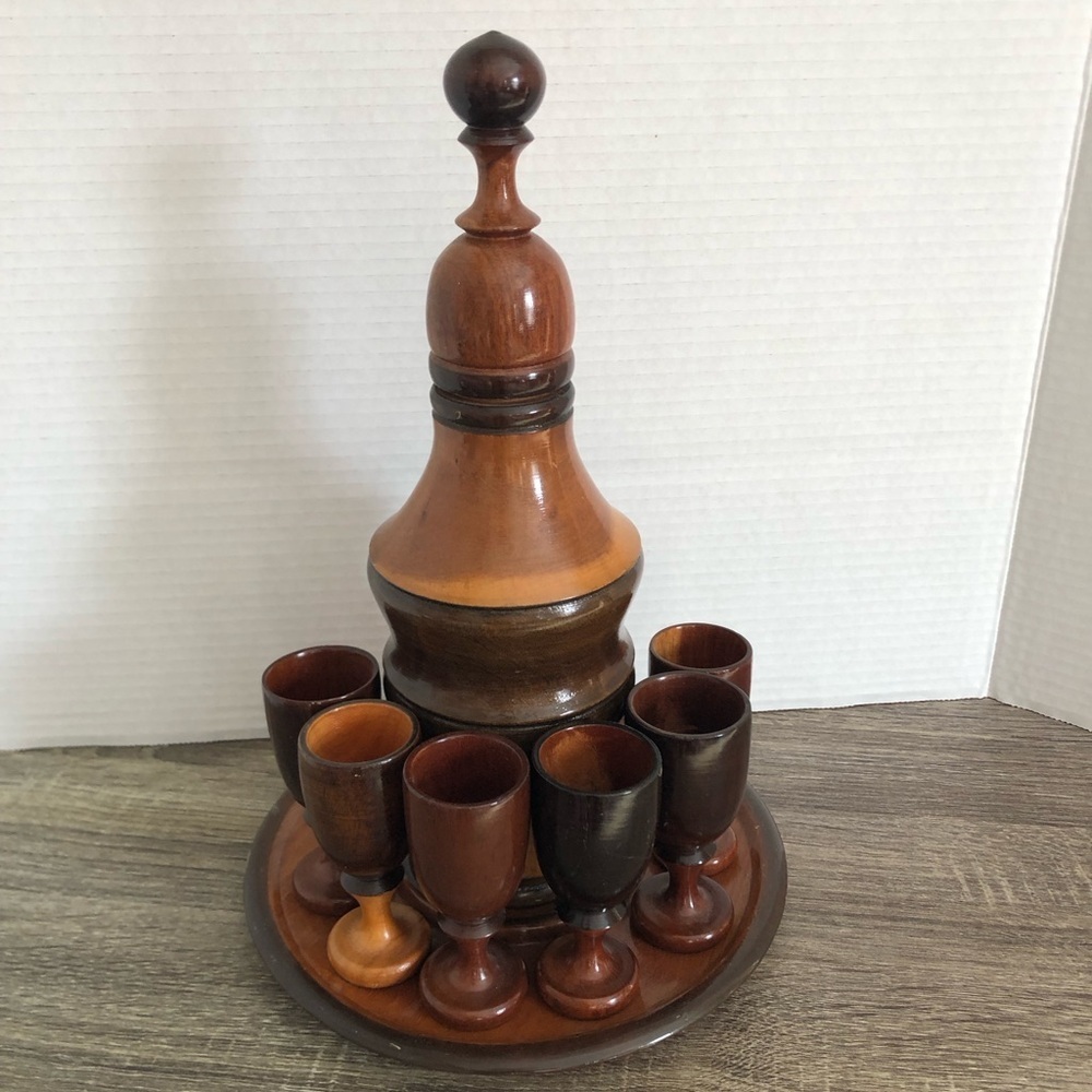 Vtg MCM Wooden Decanter and Glass Set